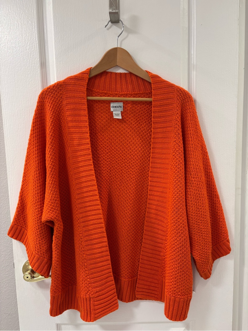 Chico's Crochet Knit Orange Open-Front Cardigan Fall Color Wool Blend